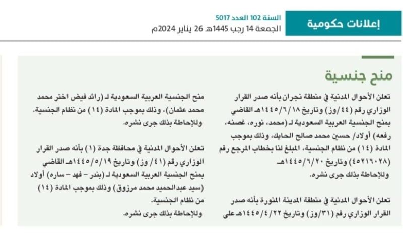 بالأسماء.. منح الجنسية السعودية لـ 8 أشخاص