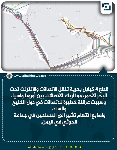 قطع 4 كوابل بحرية تنقل الاتصالات والانترنت تحت البحر الاحمر