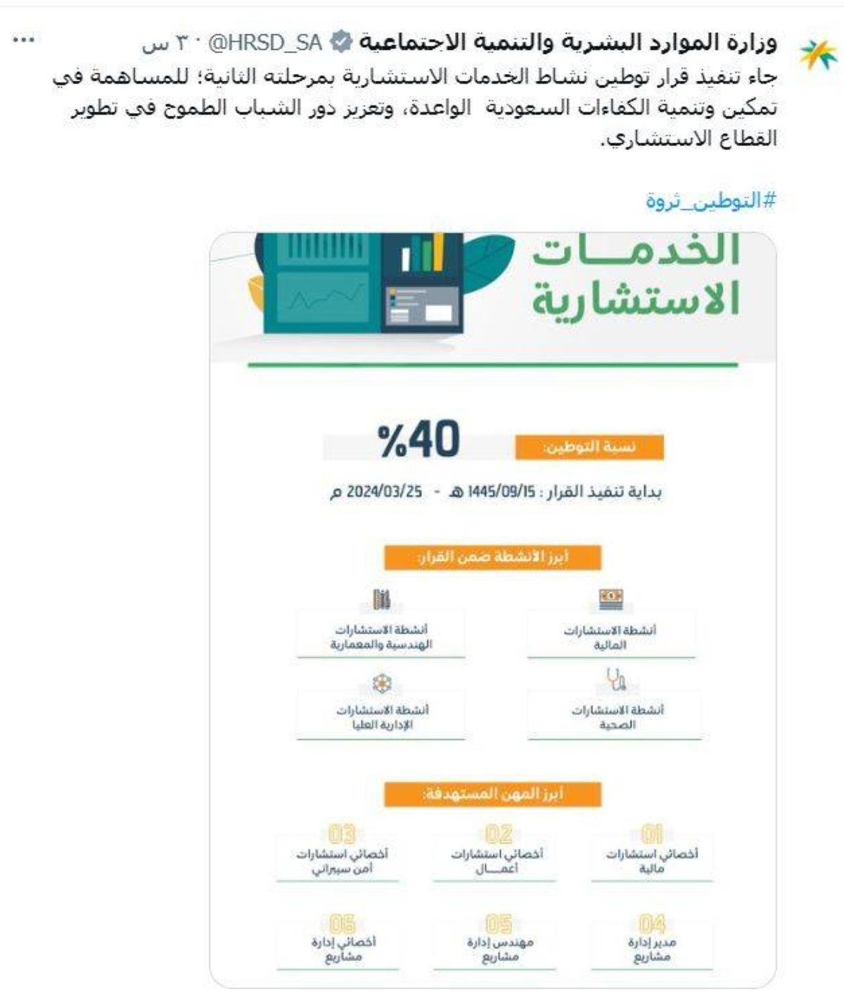 بدء تنفيذ المرحلة الثانية لقرار توطين مهن الخدمات الاستشارية