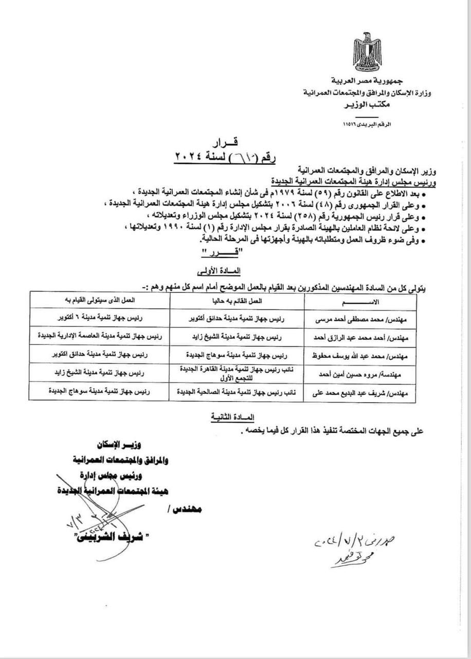 وزير الإسكان يجرى حركة تغييرات بين رؤساء أجهزة المدن الجديدة