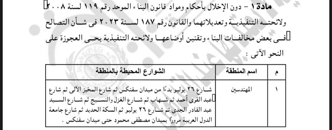 تفاصيل قيم التصالح على مخالفات البناء فى حى العجوزة للإدارى والتجارى والسكنى