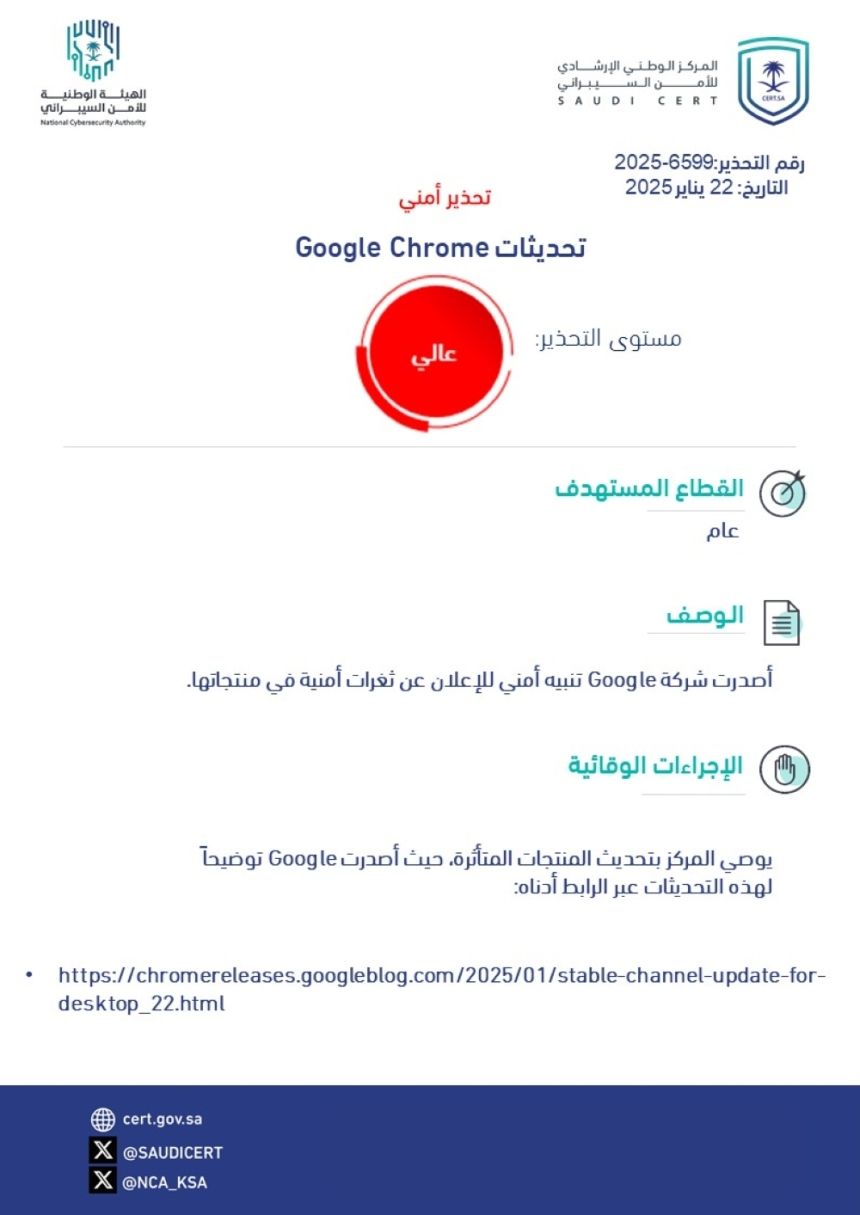 عالية الخطورة.. "الأمن السييبراني" يحذر من ثغرات أمنية في جوجل